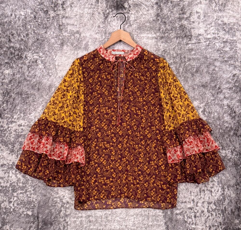 Alice + Olivia Top Medium Womens Justice Floral Chiffon Tiered Blouse